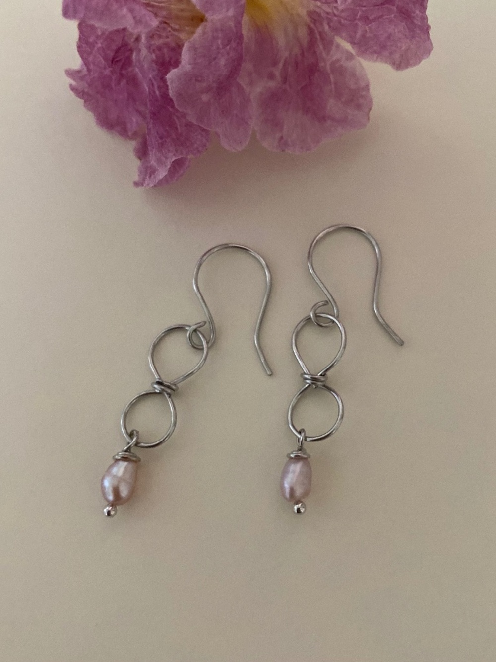 Hand Crafted Silver Wire Loop Earrings with Light Pink Pearl Drops